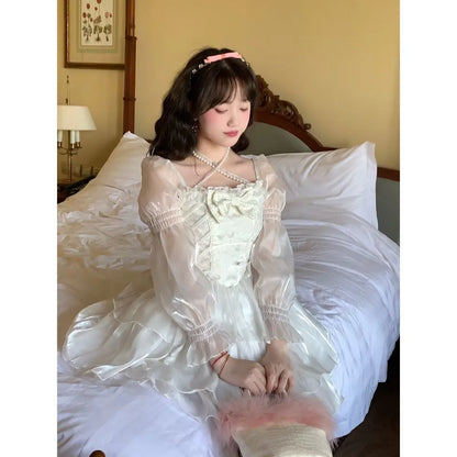 vmtvr Japanese Sweet Fairy Lolita Dress Women White Mesh Elegant Princess Dress Female Bow Casual Evening Party Dress Summer Slim