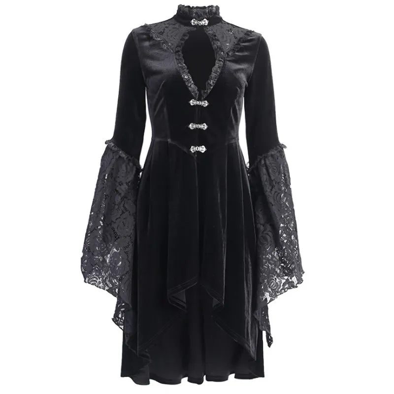 vmtvr  -  Gothic Black Dress Women New O-Neck Long Sleeve Lace Patchwork Lacing Dress Autumn Winter Black Retro Party Dress Female XXL