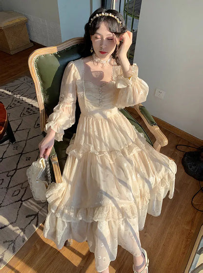 vmtvr Court Vintage Fairy Dress Women Sweet Ruffles High Waist Elegant Princess Dress Female Summer Casual Classy Party Dress New