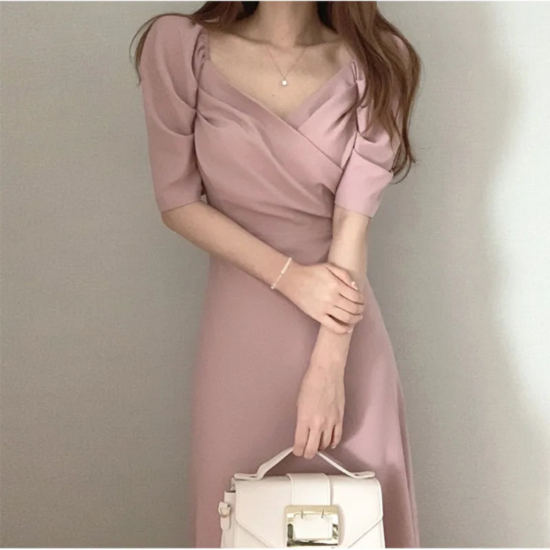 vmtvr  -  Vintage V-neck Slim Chiffon Women Dress Elegant Puff- Sleeve White Ladies Dresses Summer Party Pink Midi Dresses Vestidos