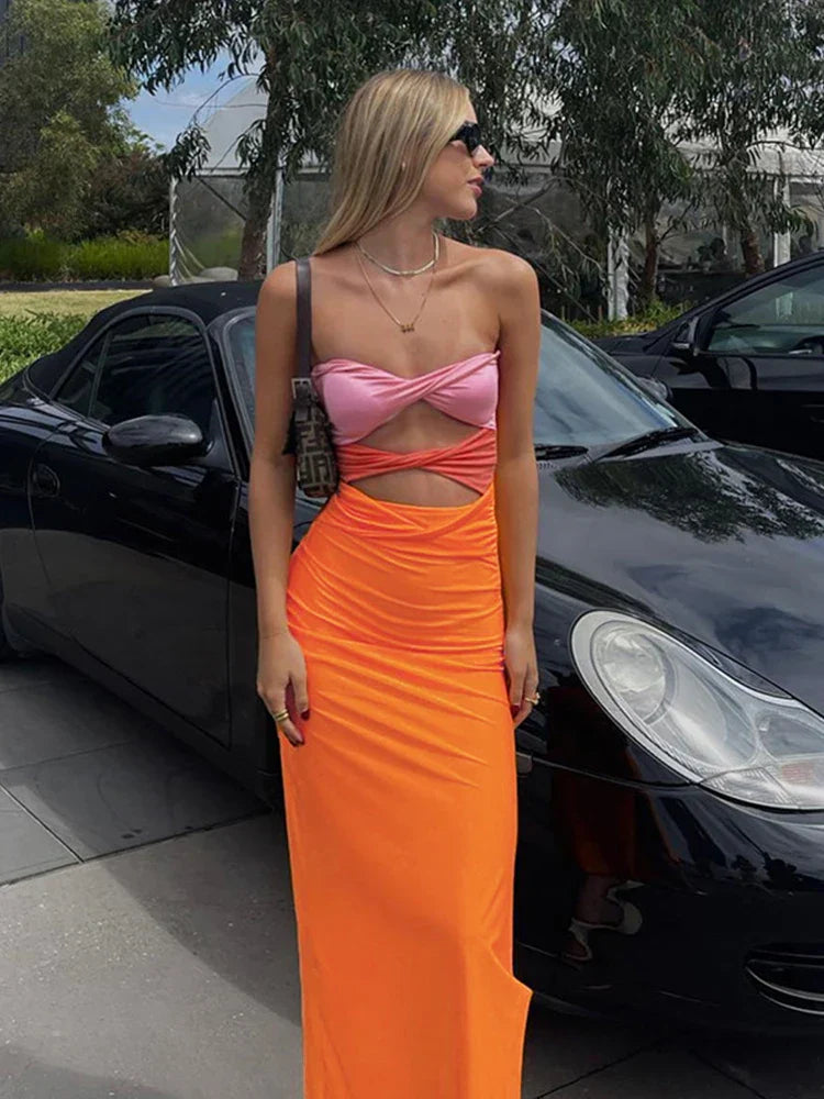 Elegant Sexy Off Shoulder Sleeveless Wrap Maxi Dress for Women Fashion Holiday Twist Cut Out Dress Gown Clothes