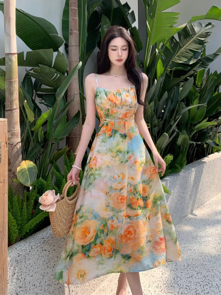 vmtvr Summer New Midi Spaghetti Strap Dresses Women Floral Print Dress Elegant And Chic with Casual Party Holiday Dress High Quality