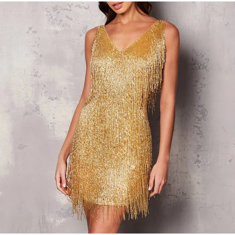 vmtvr  - New Sexy Tassel Sequins Feather Mini Dress Women Spaghetti Strap Stitching Dresses Female Elegant Evening Party Club Dress