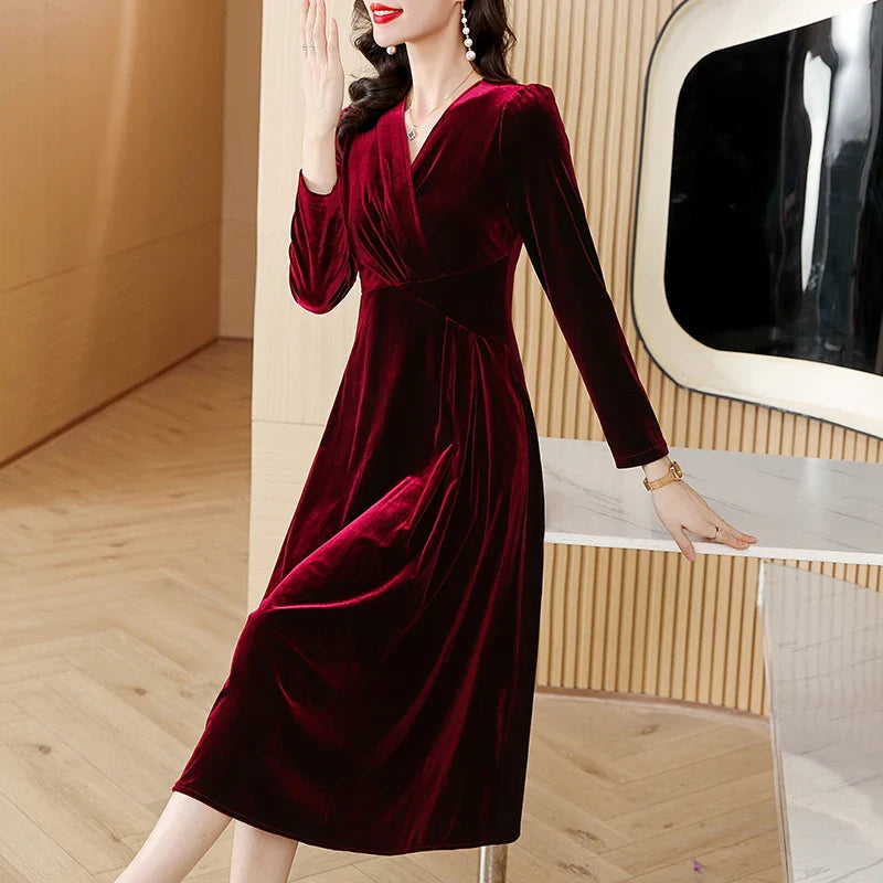 vmtvr  -  Red Velvet V-Neck Casual Loose Long Dress Autumn Winter Korean Vintage  Prom Dresses Women Elegant Luxury Vestidos