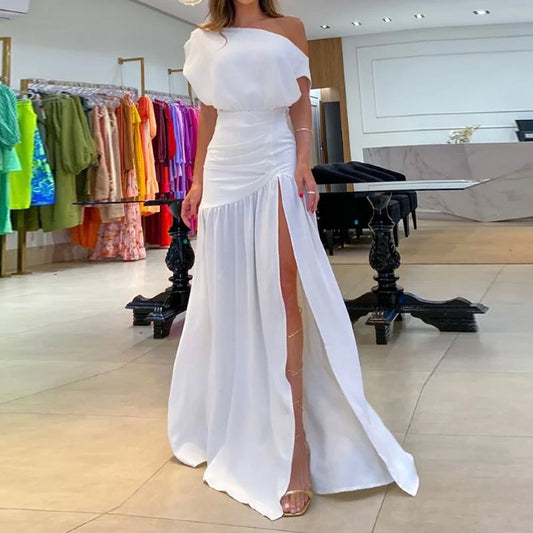 vmtvr -  Summer New Women's High Split Off Shoulder Maxi Dress Female Sexy One Word Neck Slit Orange Short-sleeved Solid Dresses