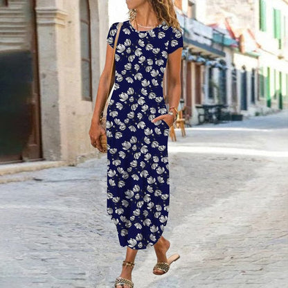 vmtvr - Elegant Women Maxi Dress  Summer O Neck Short Sleeve Sundress Office Lady Party Dress Female Print A-Line Long Dress Vestido