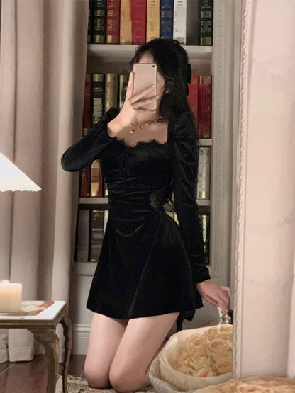 2024 Black Velvet Midi Dress Casual Korean Fashion Elegant Party Dress Woman Long Sleeve Vintage Lace Dress Slim Design