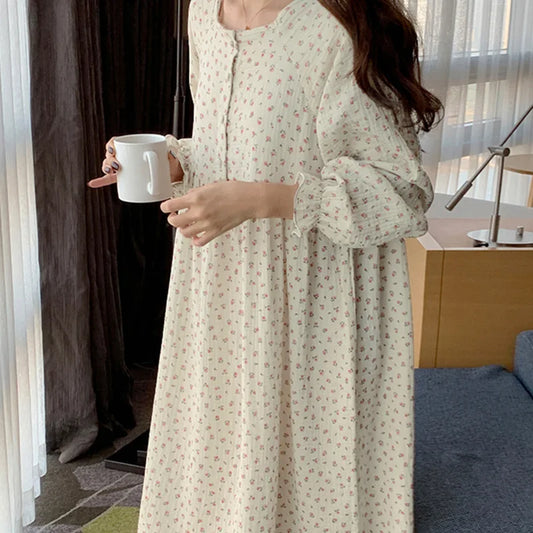 vmtvr   -  Muslin 100%Cotton Gauze Fashion Print Women Dress Casual Chic Long Sleeve Button Up Oversized Long Dresses Comfortable Homewear