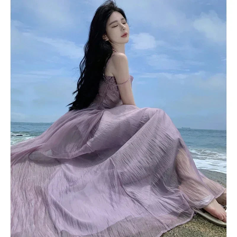 vmtvr 2024 New Summer Prom Dress for Women Korean Female Midi Elegant Semi Formal Long Clothing Swinging Vacation Fairycore Style