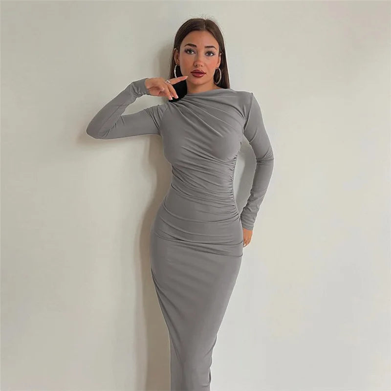 vmtvr Autumn Elegant Ruched Long Bodycon Dress Fashion Outfits for Women Club Party Slinky Sexy Dresses Birthday Robes