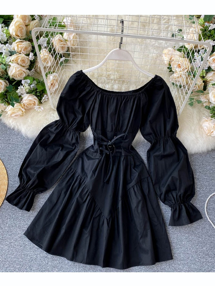 vmtvr Early Autumn Dress Retro Gothic Women White Black Bandage Mini Dress Sexy Off Shoulder Puff Sleeve Korean Vestidos