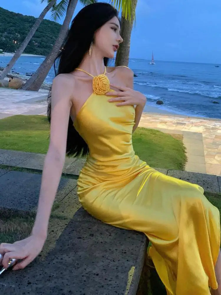 vmtvr Summer New Elegant Vintage Yellow Halter Long Dress For Women Birthday Party Backless Split Sundress Robe Clothing Vestidos