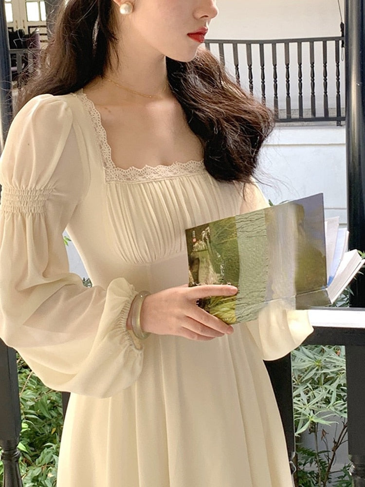 vmtvr - French Elegant Solid Midi Dress Woman Fairy One Piece Dress Korea Fashion  Summer Long Sleeve Even Party Dress Casual Female