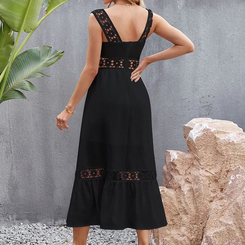 vmtvr  -  Women's Summer New Fashion Solid Hollow Out Lace Spliced Square Neck Sleeveless High Waisted Pullover A-line Strap Midi Dresses