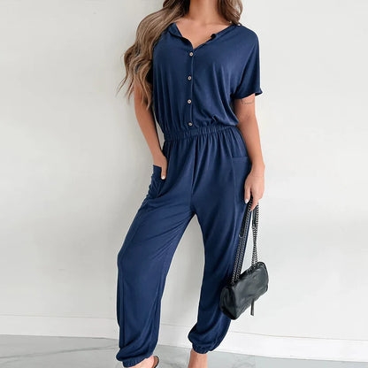 vmtvr New Spring Summer Short Sleeve T-shirt Jumpsuit Women V-neck Button Straight Playsuit Casual Pencil Pants Pocket Romper Overalls