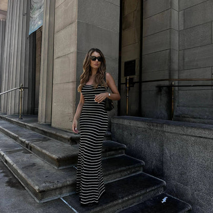 vmtvr Black White Striped Knitted Beach Dress Women Elegant Casual Sleeveless Loose Long Dresses Summer Holiday Vacation Outfits 2024