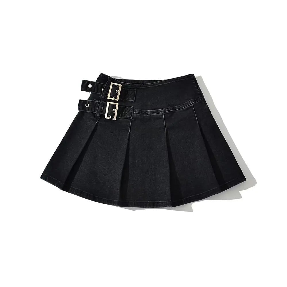 vmtvr Summer New TARUXY Denim Y2k Skirt with Pleats and Belt 90s E-girl Korean Skirts For Women High Street Jeans Short Bottom