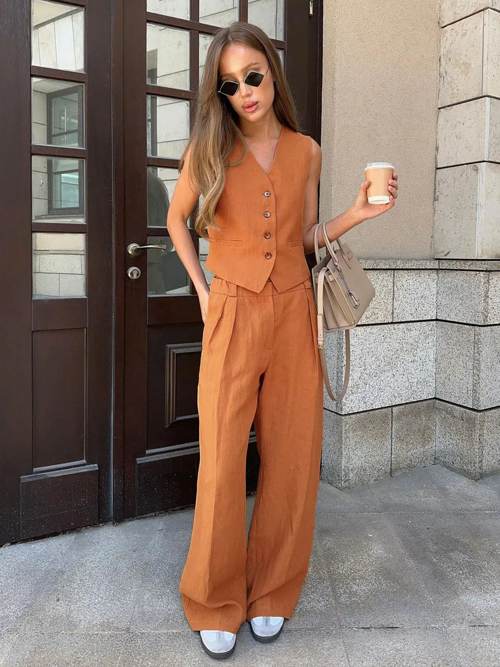 vmtvr Womem Linen Cotton Chic Vest ＆ Pants Suit Two-Piece Set Office Ladies Summer Chic 2 Piece Sets Womens Outfits