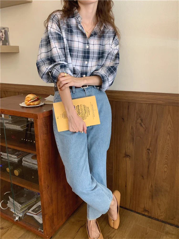 vmtvr Women Blouse Female Shirt Summer Womens Blouses Spring Blusas Casual Elegant Vintage Long Sleeve Cotton Oversize Loose Plaid