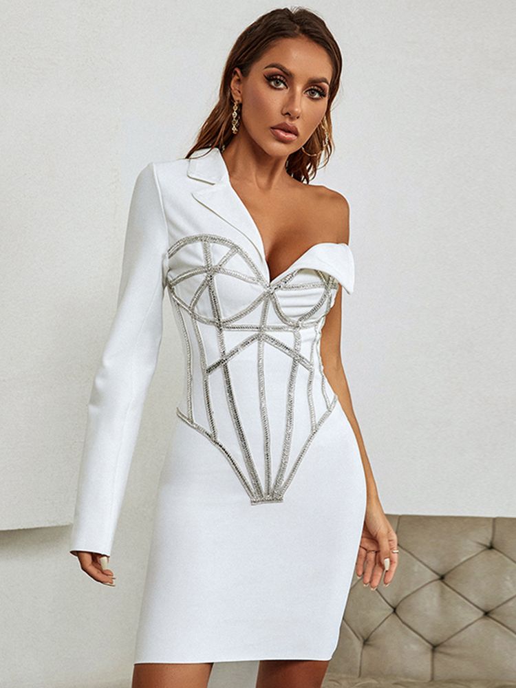 vmtvr - 2023 Fall New Women's Diamond Beaded Mini Skinny Sexy V-neck Single Sleeve Bandage Dress Celebrity Runway Party Dress