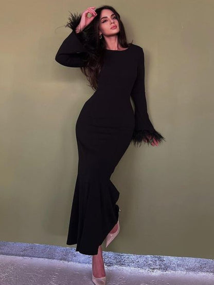 vmtvr - Casual Feather Patchwork Long Autumn Dress Streetwear Women Elegant Chic Autumn Winter Bodycon Evening Party Black Dresses 2023