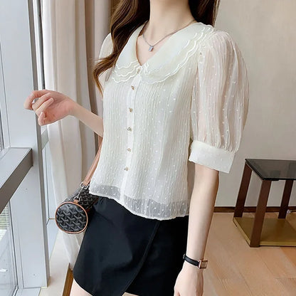 vmtvr Summer Fashion White Comfortable Chiffon Button Shirt Women Casual Mesh Short Sleeve Elegant Chic Sweet Blouse Ladies Tops