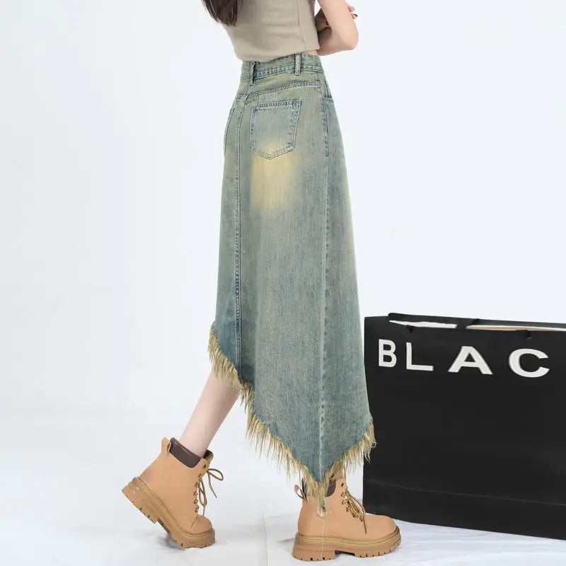 vmtvr Tassel Raw Edge Women Midi Denim Skirt Spring Summer Korean Streetwear Fashion Irregular Distressed Straight A-line Skirt Shorts