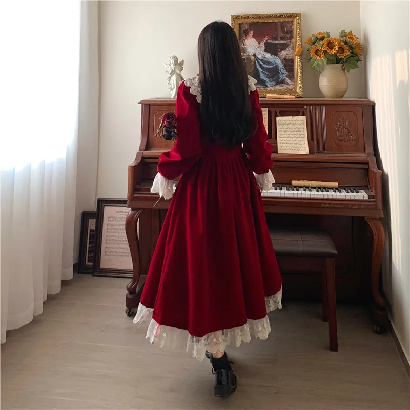 vmtvr  -  Christmas Dress Vintage Lace Splicing Gold Velvet Red Long Dress Elegant Thin Evening Dress Chic and Simple Autumn New