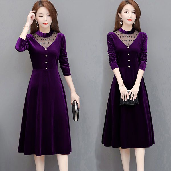 Women Autumn Winter Velvet A-Line Dress Office Lady Long Sleeve Party Lace Patchwork Midi Dresses Casual Elegant Vesitos Female