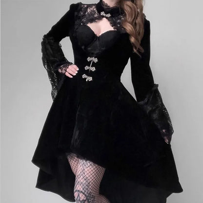 vmtvr  -  Gothic Black Dress Women New O-Neck Long Sleeve Lace Patchwork Lacing Dress Autumn Winter Black Retro Party Dress Female XXL