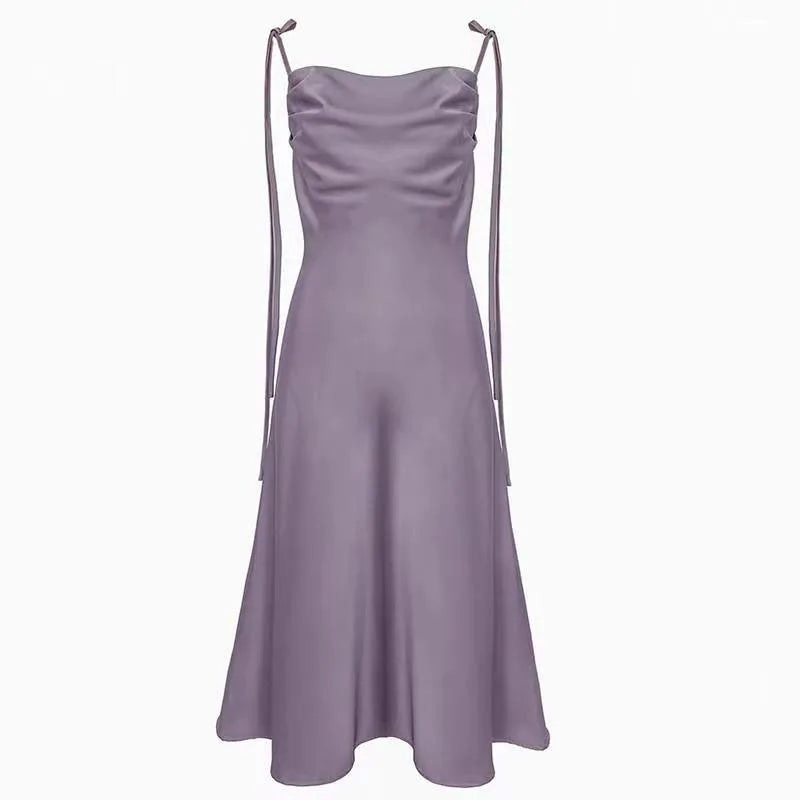 vmtvr Korean Purple Satin Midi Dress Women Fashion Folds Spaghetti Strap Dress Woman Elegant Summer Waist-Tight Party Dresses