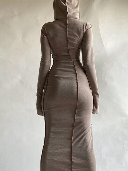 vmtvr - Long Sleeve Hooded Dress Maxi Women Vintage Ruffles Elegant Dresses Khaki Split Reverse Side