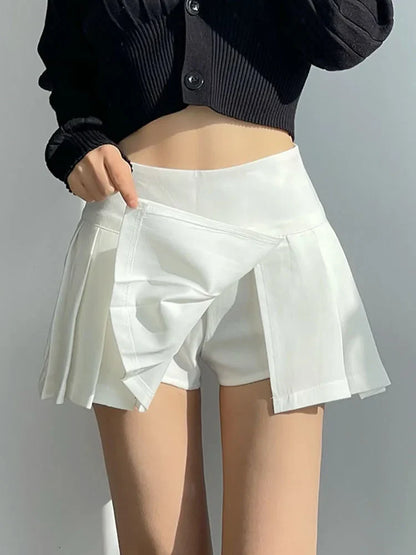 vmtvr Korean Sexy Slit Pleated Mini Skirt Women Fashion High Waist Preppy Style A Line Skirt Summer Solid Color Zipper Skirt New