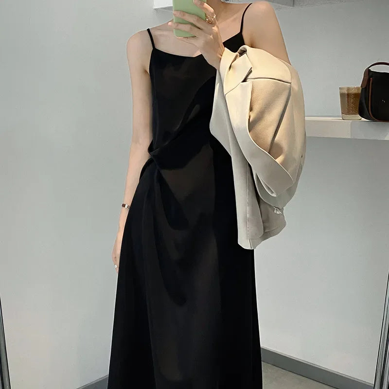 vmtvr  -  Designer Original Homemade Silk Sling Dress Side Bow Women Show Thin Waist Acetate Satin Summer Black Party Wedding Dress White