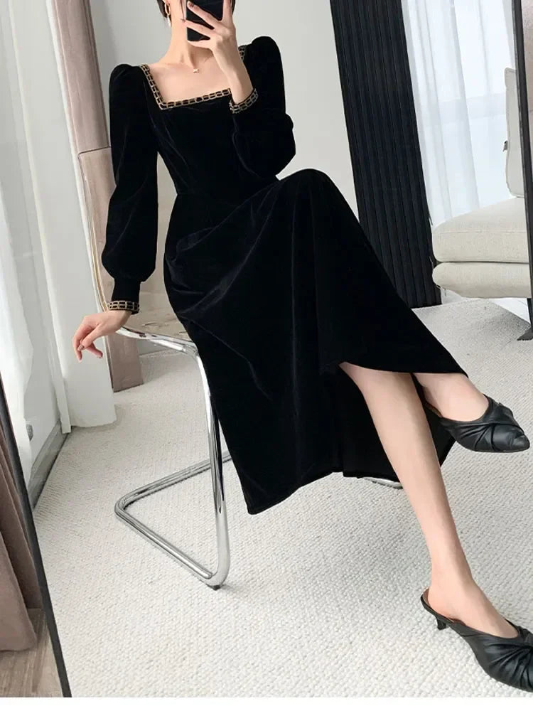 vmtvr New French Vintage Elegant Dresses for Women Long Sleeve Streetwear Office Lady Solid Square Collar New Autumn Winte Dress