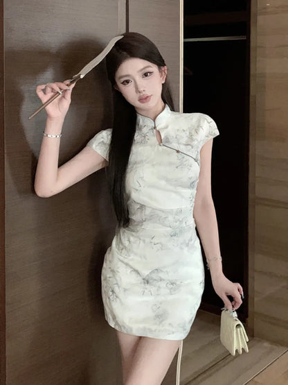 vmtvr  -  New Chinese Style Improved Cheongsam Printed Summer Dresses For Women Slim Waist Sheath Party Dress Vestidos Robe Femme