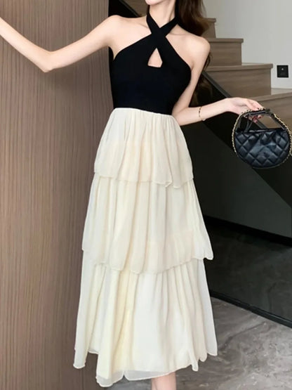 vmtvr Fashion New Sleeveless Casual Women Summer Dress Halter A-Line Patchwork Elegant Chic Party Birthday Robe Female Dresses Vestido