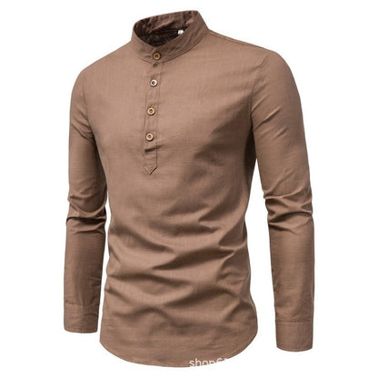 jiaabc Men's solid color casual slim fitting standing collar long sleeved business shirt shirt