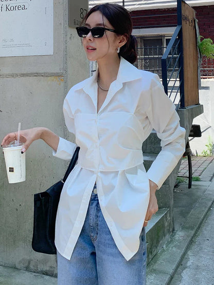 vmtvr Women Lapel White Bow Blouses Office Ladies Long Sleeve Single-breasted Loose Female Shirts Spring  Summer 2024