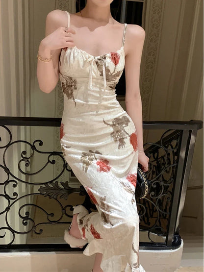 vmtvr Spring Summer Fashion Elegant Floral Print Women Dress Spaghetti Strap Vintage Slim Bodycon Casual Robe Female Party Vestidos