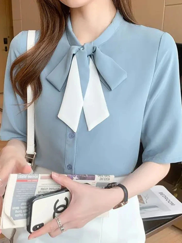 vmtvr Fashion Sweet Bow White Chiffon Shirt Women Korean Casual Short Sleeve Office Lady Blouse Summer All Match Loose Tops New