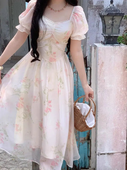 Korea Vintage Floral Print Dress Women Casual Square Collar Midi Dress Female Puff Sleeve Elegant Fairy Holiday Dress Vestido