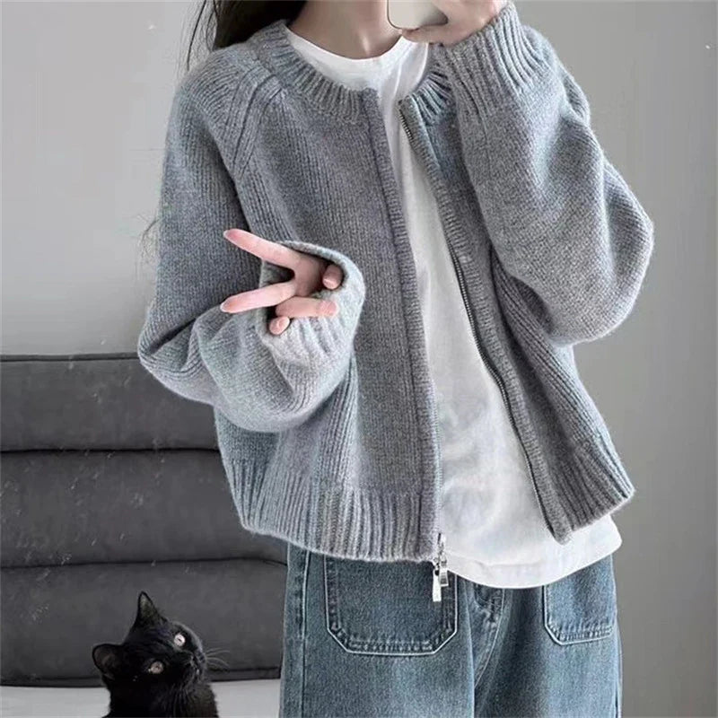 vmtvr Vintage Knitted Cardigan Women Long Sleeve  O Neck Sweater Cardigans Autumn Winter Loose Chic Knit Zipper Jumpers