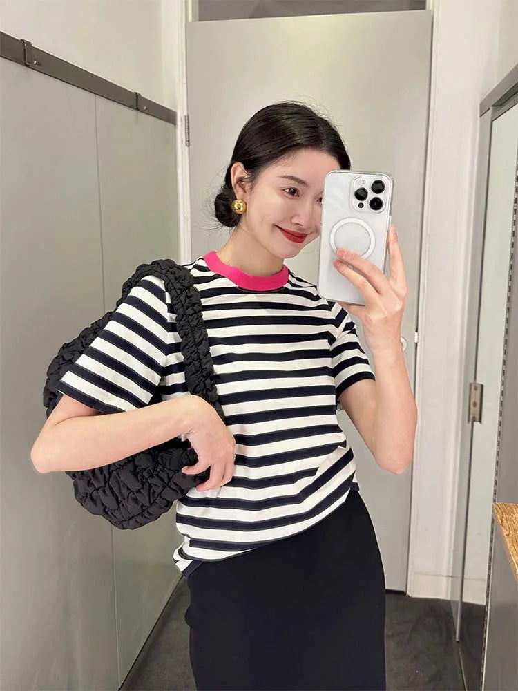 vmtvr Summer Women's T-shirt Black White Stripe O Neck Shirts Top Short Sleeve Lady Stretch Knit Fashion Casual Cotton Tees for Women