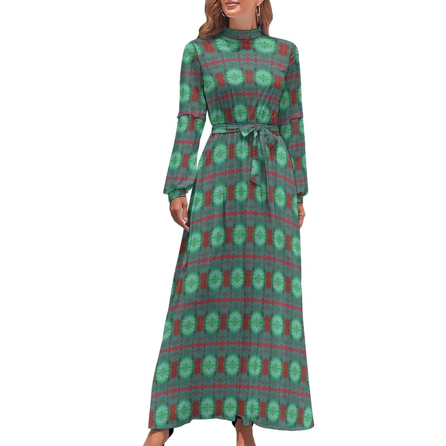 vmtvr - Ethnic Bohemia Dress Retro Floral Print Basic Beach Dresses Female Long Sleeve High Neck Elegant Long Maxi Dress