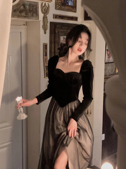 2024 Spring Elegant Velvet Long Sleeve Midi Dress Woman Slim Vintage Evening Party Dress Female Casual Korean Fashion Dress Chic