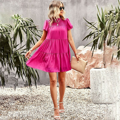 vmtvr - Casual Women's Summer Dresses Green Short Sleeve A-line Female Dress Pink Mini Chiffon Dress Short  Vintage 2023