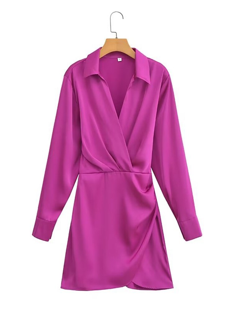 New Women Green Satin Ruched Mini Dress Vintage Lapel Collar Long Sleeve Office Ladies Dresses