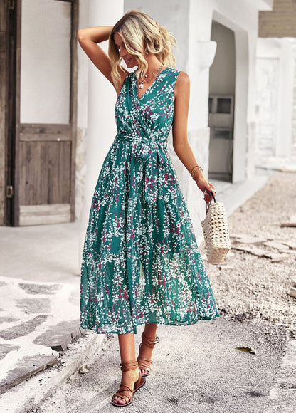 Vintage Floral Print Sleeveless Summer Dress Women Elegant V-neck Ruffles Sashes Midi Dress  Fashion Vacation Sundresses