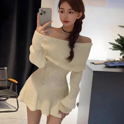 vmtvr Knitted Sweater Dresses Women Slash Neck Off Shoulder Autumn Winter 2024 Stretch Slim Basic Party Mini Dress Elegant